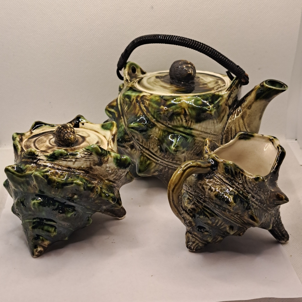 Vintage Japanese Mid Century Conch Shell Teapot, creamer and sugar.